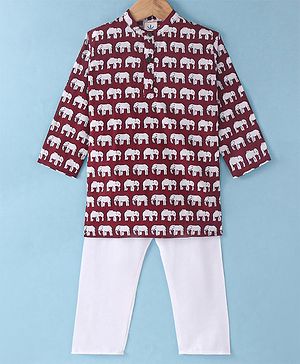 Teentaare Cotton Full Sleeves Kurta Pyjama Set Elephant Print - Maroon