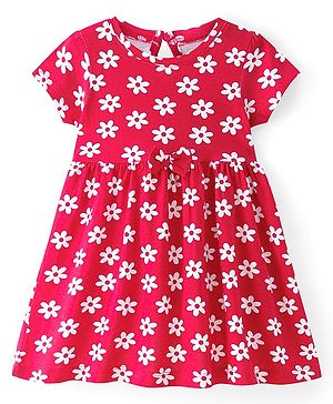 Babyhug Single Jersey Knit Half Sleeves Frock With Floral Print - Red
