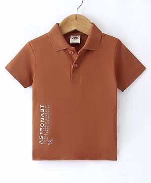 Zero Interlock Half Sleeves Polo Neck T-Shirt with Text Print - Brown