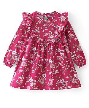 Babyhug Cotton Knit Full Sleeves Frock With Frill Detail & Floral Print - Red