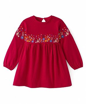 Babyhug Single Jersey Knit Full Peasant Sleeves Frock with Floral Embroidery - Red