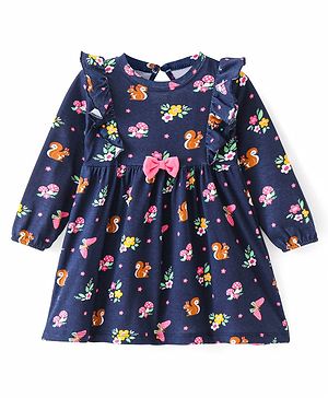 Babyhug Cotton Knit Full Sleeves Frock Floral Print & Frill Detailing with Bow Applique - Navy Blue
