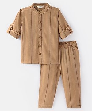 Bonfino Full Sleeves Dobby Shirt & Pants Set - Brown