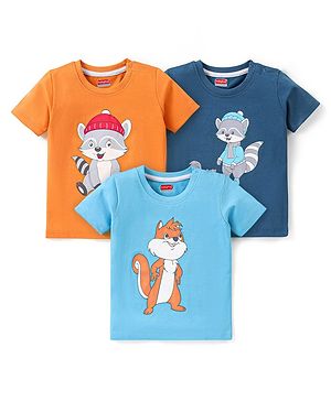 Babyhug Cotton Knit Half Sleeves Squirrel Printed T-Shirts Pack of 3 - Multicolour