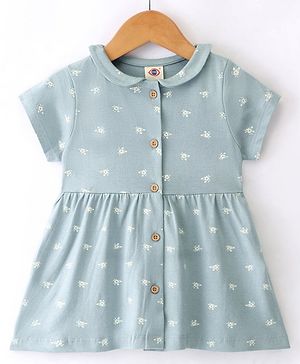 Zero Sinker Half Sleeves Frock with Peter Pan Collar Floral Print - Slate Grey