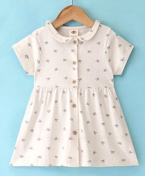 Zero Sinker Half Sleeves Frock with Peter Pan Collar Floral Print - Cream