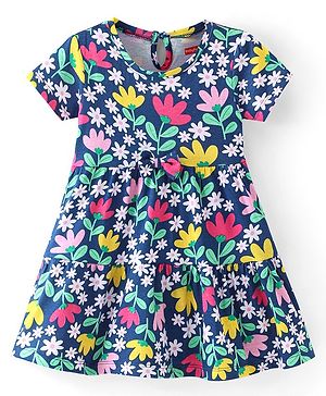 Babyhug Single Jersey Knit Half Sleeves Frock With Floral Print -Navy Blue