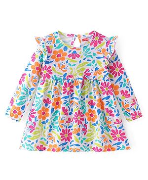 Babyhug Single Jersey Knit Full Sleeves Frock with Floral Print & Frill Detailing - White