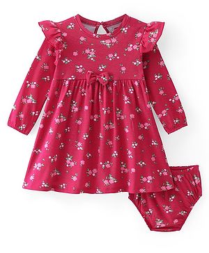 Babyhug Cotton Knit Full Sleeves Frock & Bloomer With Frill Detail & Floral Print - Maroon