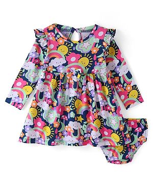 Babyhug Single Jersey Knit Full Sleeves Frock with Bloomer Sun & Cloud Print - Navy Blue