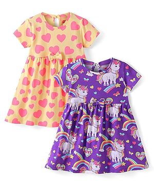 Babyhug 100% Cotton Single Jersey Knit Half Sleeves Frock With Hearts & Unicorn Print Pack Of 2 - Multicolor