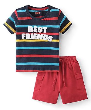 Babyhug Cotton Knit Half Sleeves Striped T-Shirt & Shorts Set With Text Print - Multicolor