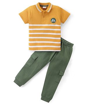 Babyhug Single Jersey Knit Half Sleeves Striped Polo T-Shirt & Pant Set - Yellow & Green