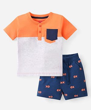 Babyhug Cotton Knit Half Sleeves Henley Neck T-Shirt & Shorts Set With Color Block Print - Multicolor