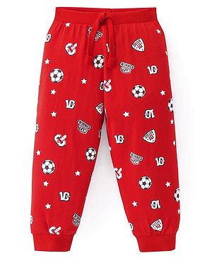 Babyhug Cotton Knit Full Length Lounge Pants With Football Print - Red