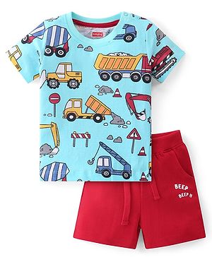 Babyhug Single Jersey Knit Half Sleeves T-Shirt & Shorts Set With The Vehicle Print - Blue & Red