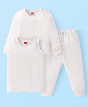 Babyhug Full Sleeves Solid Thermal Vests & Pant Set of 3 - Off White