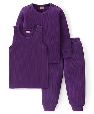 Babyhug Full Sleeves Solid Thermal Vests & Pant Set - Purple