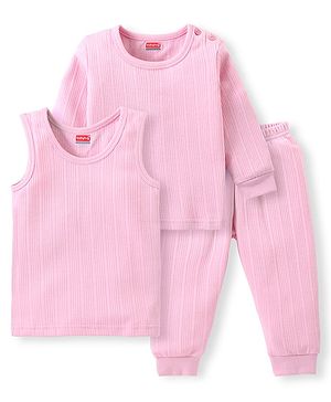 Babyhug Solid Colour Full Sleeves Thermal Vest with Pullover & Pant Pack of 3 - Pink