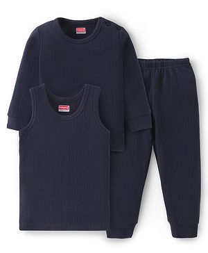 Babyhug Full Sleeves Solid Thermal Vests & Pant Set of 3 - Navy Blue