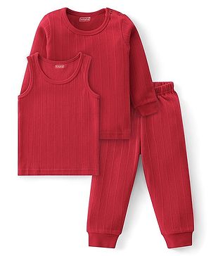 Babyhug Full Sleeves Solid Color Thermal Wear Pullover Vest & Pant Set - Red