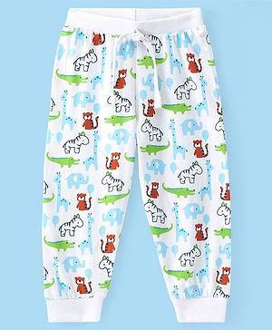 Babyhug Cotton Knit Full Length Lounge Pant with Animal Print - White