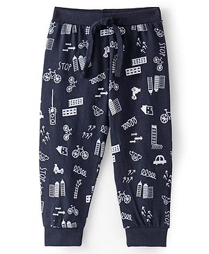 Babyhug Cotton Knit Full Length Lounge Pant Vehicle Print - Navy Blue