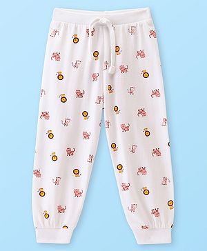 Babyhug Cotton Knit Full Length Lounge Pants With Animal Print - White