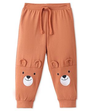 Babyhug Cotton Knit Full Length Lounge Pant with Teddy Print & Applique- Rust