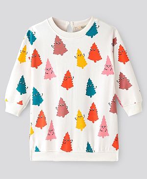 Bonfino  100% Cotton French Terry Knit Full Sleeves A-Line Oversized Sweatshirt Dress with Tree Print - Ivory
