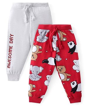 Babyhug Cotton Knit Full Length Lounge Pants With Animal Print Pack Of 2 - Multicolor
