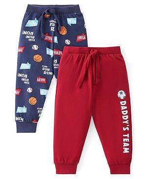 Babyhug Cotton Knit Full Length Lounge Pants With Sports Print Pack of 2 - Multicolor
