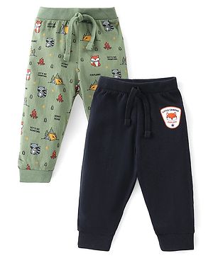 Babyhug Cotton Knit Full Length Lounge Pants Animal Print Pack of 2 - Green & Navy Blue