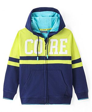 Pine Kids Cotton Knit Full Sleeves Front Open Hooded Sweatjacket with Text Print & Kangaroo Pockets - Navy Blue & Lime Green