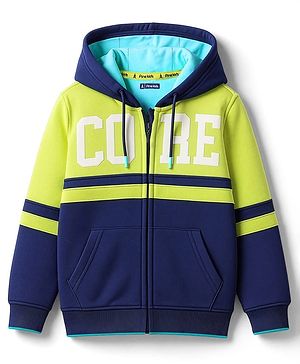 Pine Kids Cotton Knit Full Sleeves Front Open Hooded Sweatjacket with Text Print & Kangaroo Pockets - Navy Blue & Lime Green