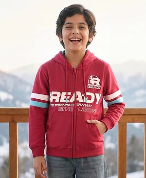 Pine Kids Cotton Knit Full Sleeves Hooded Sweatjacket With Text Print & Kangaroo Pockets - Red