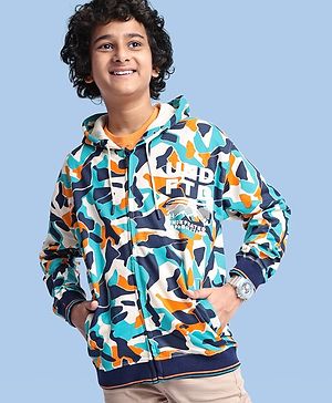 Pine Kids Knit Full Sleeves Hooded Front Open  Sweat Jacket Abstract Design - Blue & Orange