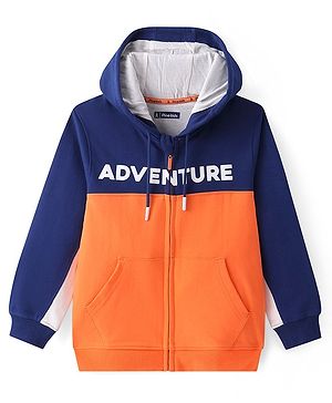 Pine Kids Cotton Knit Full Sleeves Hooded Sweatjacket With Cut & Sew Design & Text Print - Blue & Orange