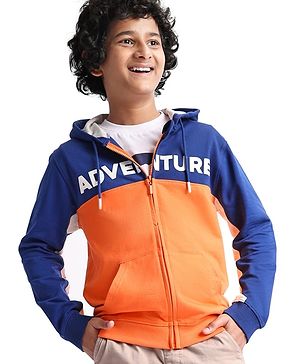 Pine Kids Cotton Knit Full Sleeves Hooded Sweatjacket With Cut & Sew Design & Text Print - Blue & Orange