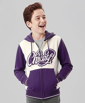 Pine Kids Cotton Knit Full Sleeves Front Open Hooded Sweatjacket with Text Print & Kangaroo Pockets - Purple