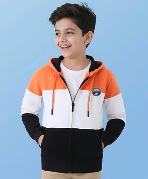 Pine Kids Cotton Knit Full Sleeves Front Open Hooded Sweatjacket with Colour Block Design & Patch Detailing - Orange