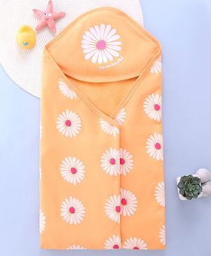 Babyhug Double Ply Terry Floral Print Hooded Towel L 76 x B 76 cm - Peach