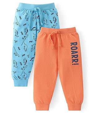 Babyhug Cotton Knit Lounge Pants with Dino & Text Print Pack of 2 - Orange & Navy