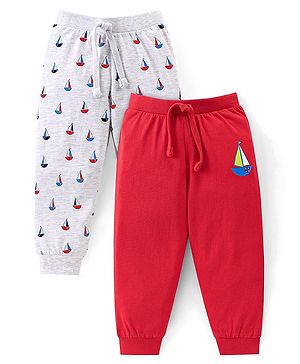 Babyhug Cotton Knit Full Length Lounge Pants Boat Print Pack of 2 - Grey & Red