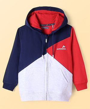 Pine Kids Cotton Knit Full Sleeves Cut & Sew Design Hooded Sweat Jacket with Kangaroo Pockets & Text Print - Red Blue & Grey