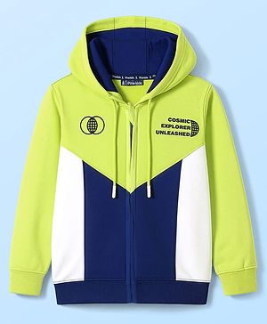 Pine Kids Cotton Knit Full Sleeves Hooded Front Open Sweatjacket with Cut & Sew Design & Text Print - Limegreen