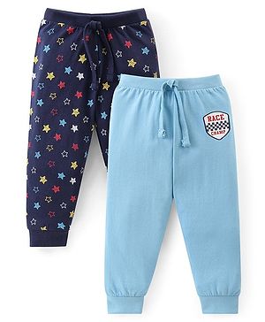 Babyhug Cotton Knit Full Length Lounge Pants with Star & Text Print Pack of 2 - Multicolour