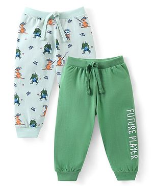 Babyhug Cotton Knit Full Length Lounge Pants Dino & Text Print Pack of 2 - Multicolour