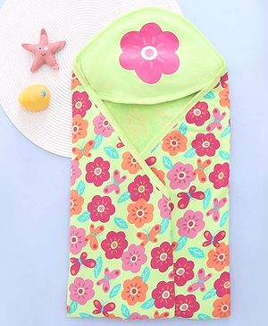 Babyhug Terry Knit Hooded Bath Towel With Floral Print L 76 x B 76 cm - Green