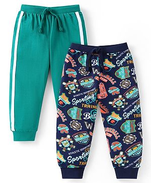 Babyhug Cotton Knit Full Length Solid & Logos Printed Lounge Pants Pack of 2 - Teal Blue & Navy Blue